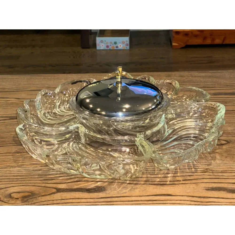 6pc 1950's Kromex Lazy Susan 4 Swirl Dishes w/Covered Center Bowl
